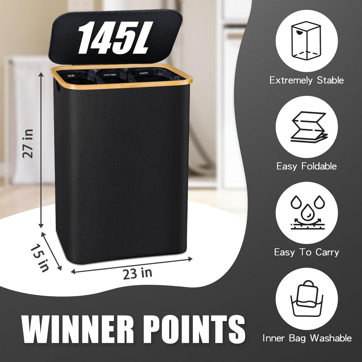 Hampers for Laundry Basket with Lid, 145L Large Laundry Hamper 3 Section