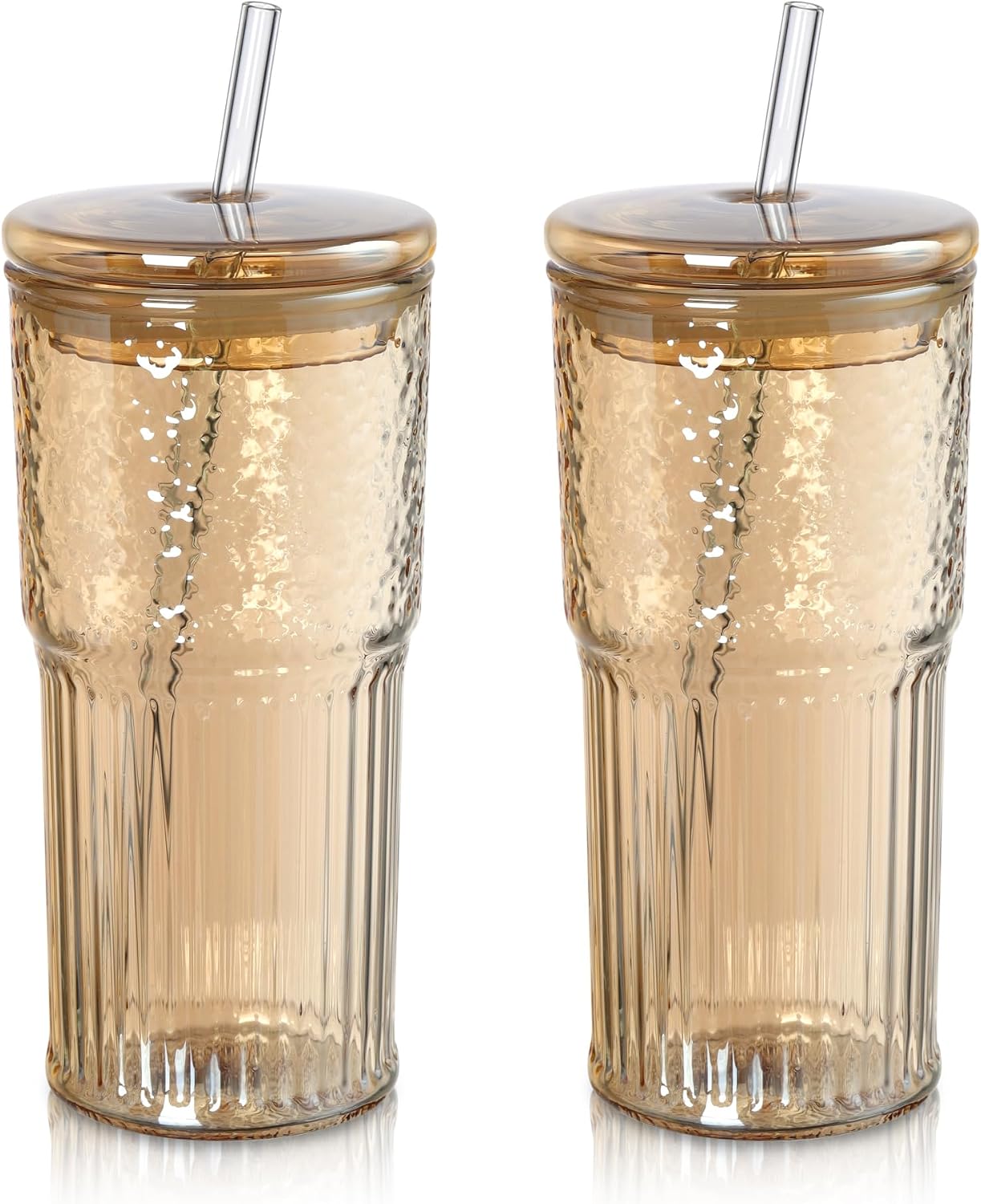 Joeyan 22 oz Pink Glass Tumbler with Straw and Lid for Iced Tea Coffee Smoothie Water Juice Beverages Soda,Ribbed Glasses Cups,Borosilicate Drinking Jar,Set of 2,Dishwasher Safe