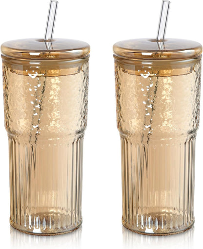 Joeyan 22 oz Pink Glass Tumbler with Straw and Lid for Iced Tea Coffee Smoothie Water Juice Beverages Soda,Ribbed Glasses Cups,Borosilicate Drinking Jar,Set of 2,Dishwasher Safe