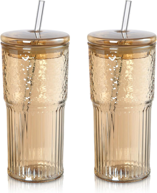Joeyan 22 oz Pink Glass Tumbler with Straw and Lid for Iced Tea Coffee Smoothie Water Juice Beverages Soda,Ribbed Glasses Cups,Borosilicate Drinking Jar,Set of 2,Dishwasher Safe