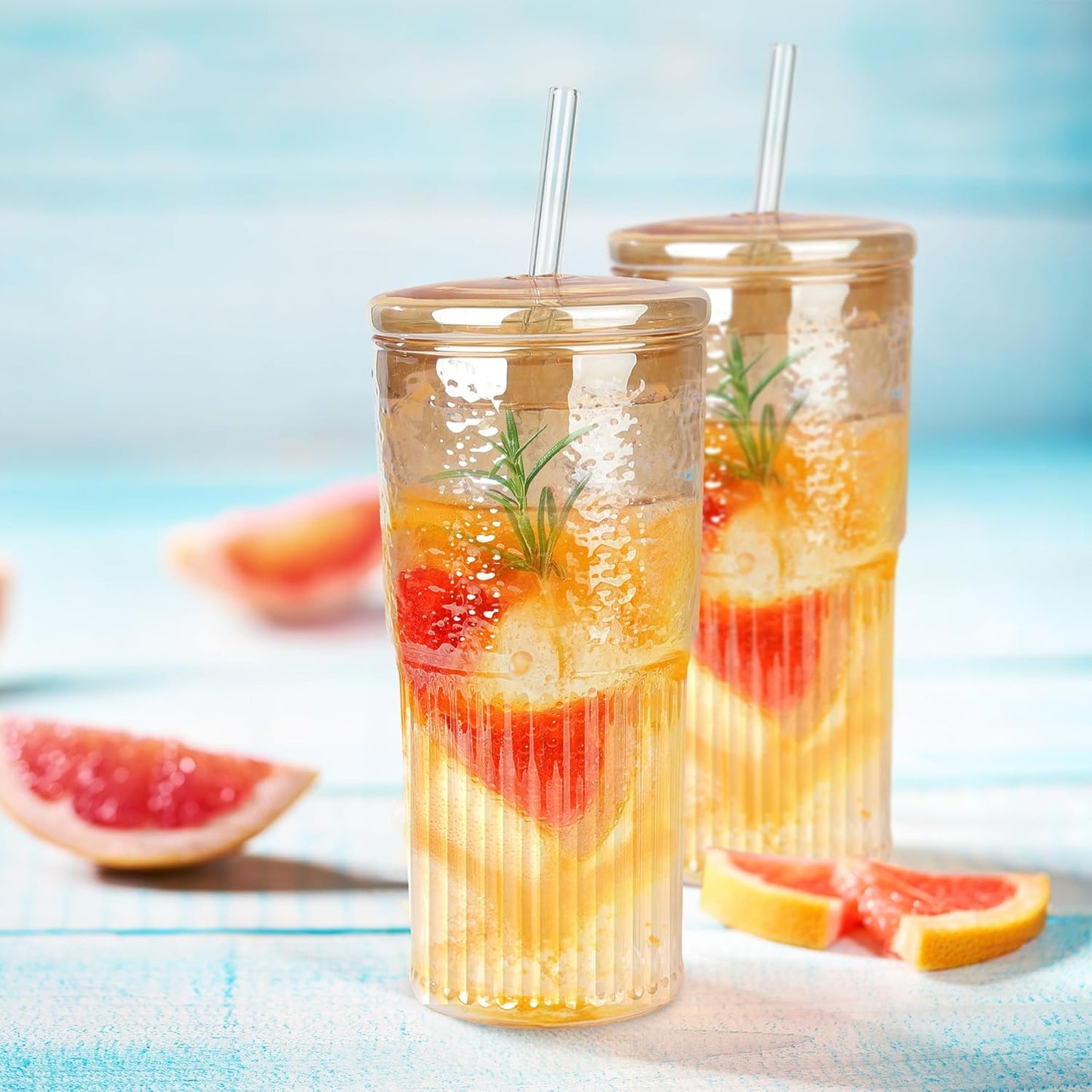 Joeyan 22 oz Pink Glass Tumbler with Straw and Lid for Iced Tea Coffee Smoothie Water Juice Beverages Soda,Ribbed Glasses Cups,Borosilicate Drinking Jar,Set of 2,Dishwasher Safe
