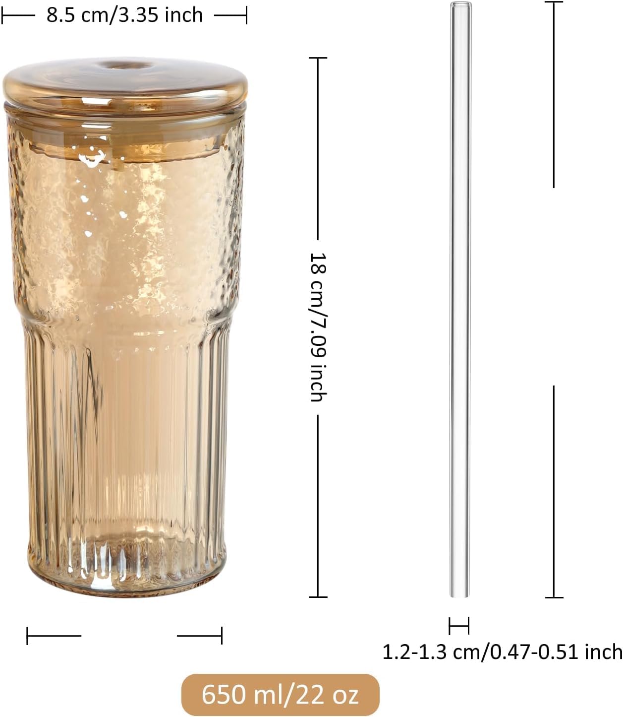 Joeyan 22 oz Pink Glass Tumbler with Straw and Lid for Iced Tea Coffee Smoothie Water Juice Beverages Soda,Ribbed Glasses Cups,Borosilicate Drinking Jar,Set of 2,Dishwasher Safe