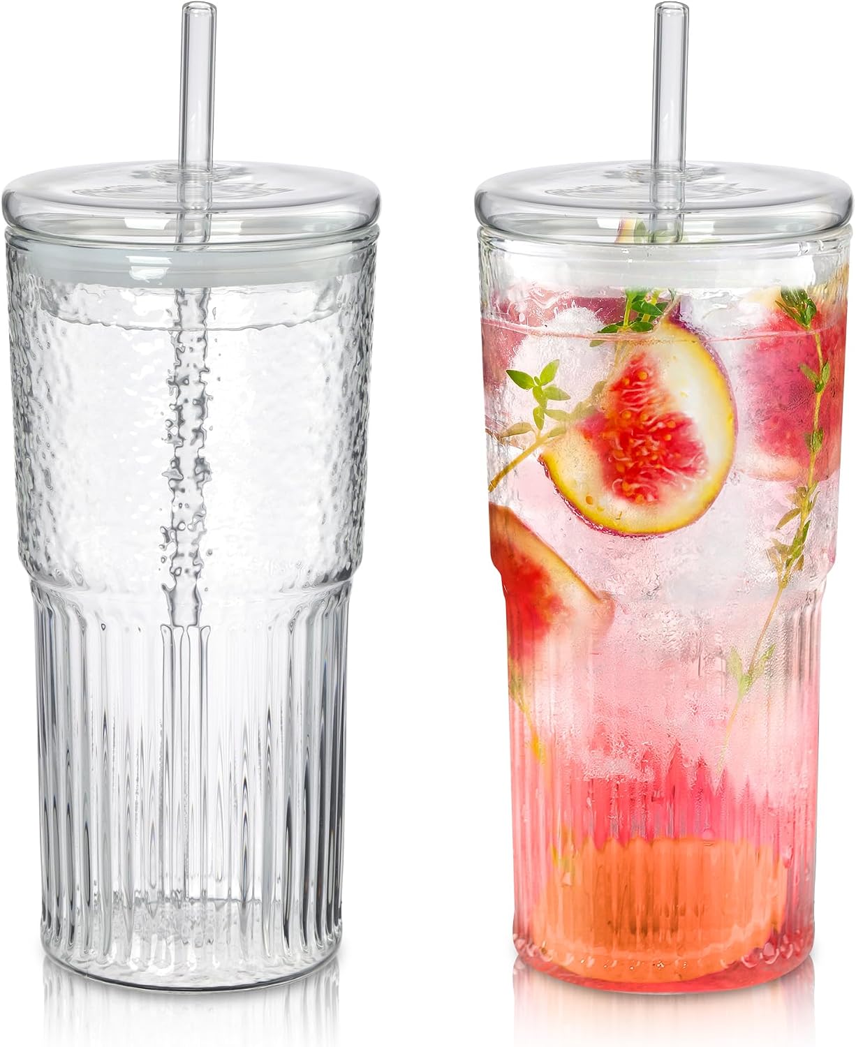 Joeyan 22 oz Pink Glass Tumbler with Straw and Lid for Iced Tea Coffee Smoothie Water Juice Beverages Soda,Ribbed Glasses Cups,Borosilicate Drinking Jar,Set of 2,Dishwasher Safe