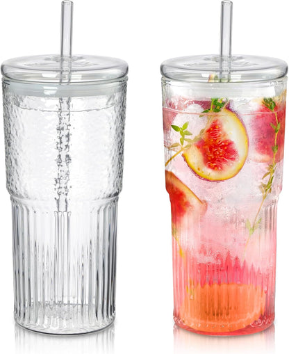 Joeyan 22 oz Pink Glass Tumbler with Straw and Lid for Iced Tea Coffee Smoothie Water Juice Beverages Soda,Ribbed Glasses Cups,Borosilicate Drinking Jar,Set of 2,Dishwasher Safe