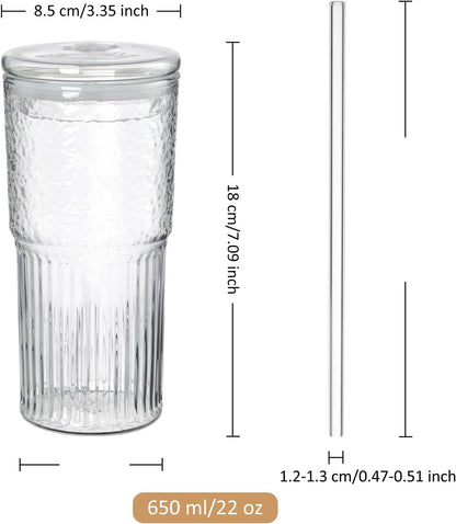 Joeyan 22 oz Pink Glass Tumbler with Straw and Lid for Iced Tea Coffee Smoothie Water Juice Beverages Soda,Ribbed Glasses Cups,Borosilicate Drinking Jar,Set of 2,Dishwasher Safe