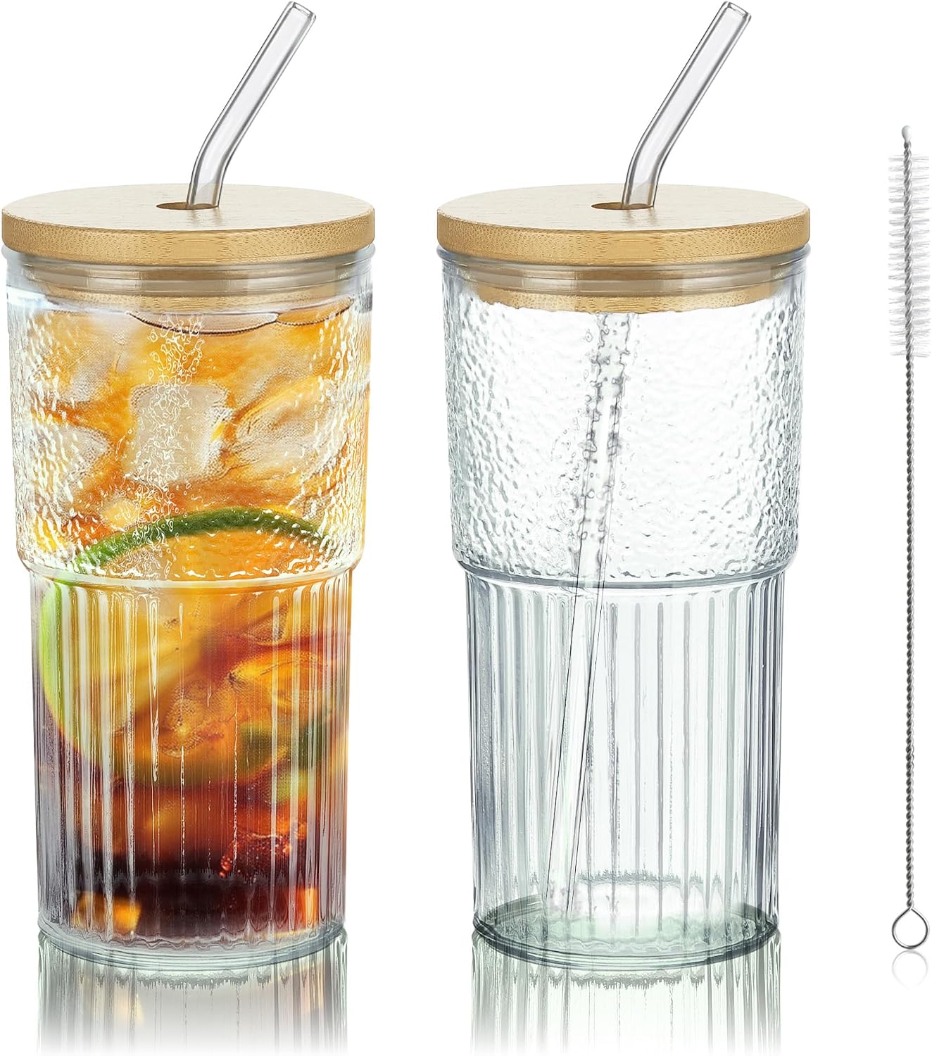 Joeyan 22 oz Pink Glass Tumbler with Straw and Lid for Iced Tea Coffee Smoothie Water Juice Beverages Soda,Ribbed Glasses Cups,Borosilicate Drinking Jar,Set of 2,Dishwasher Safe