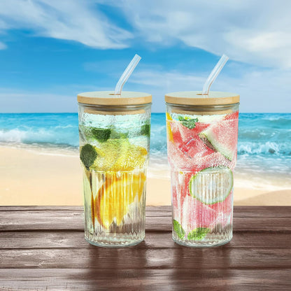 Joeyan 22 oz Pink Glass Tumbler with Straw and Lid for Iced Tea Coffee Smoothie Water Juice Beverages Soda,Ribbed Glasses Cups,Borosilicate Drinking Jar,Set of 2,Dishwasher Safe