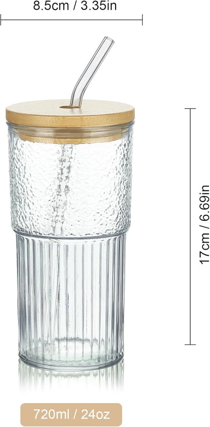 Joeyan 22 oz Pink Glass Tumbler with Straw and Lid for Iced Tea Coffee Smoothie Water Juice Beverages Soda,Ribbed Glasses Cups,Borosilicate Drinking Jar,Set of 2,Dishwasher Safe