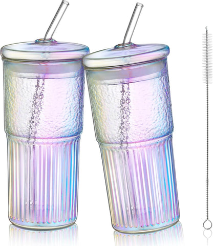 Joeyan 22 oz Pink Glass Tumbler with Straw and Lid for Iced Tea Coffee Smoothie Water Juice Beverages Soda,Ribbed Glasses Cups,Borosilicate Drinking Jar,Set of 2,Dishwasher Safe