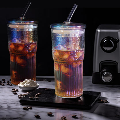 Joeyan 22 oz Pink Glass Tumbler with Straw and Lid for Iced Tea Coffee Smoothie Water Juice Beverages Soda,Ribbed Glasses Cups,Borosilicate Drinking Jar,Set of 2,Dishwasher Safe
