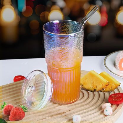 Joeyan 22 oz Pink Glass Tumbler with Straw and Lid for Iced Tea Coffee Smoothie Water Juice Beverages Soda,Ribbed Glasses Cups,Borosilicate Drinking Jar,Set of 2,Dishwasher Safe