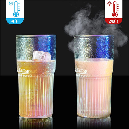 Joeyan 22 oz Pink Glass Tumbler with Straw and Lid for Iced Tea Coffee Smoothie Water Juice Beverages Soda,Ribbed Glasses Cups,Borosilicate Drinking Jar,Set of 2,Dishwasher Safe