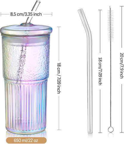 Joeyan 22 oz Pink Glass Tumbler with Straw and Lid for Iced Tea Coffee Smoothie Water Juice Beverages Soda,Ribbed Glasses Cups,Borosilicate Drinking Jar,Set of 2,Dishwasher Safe