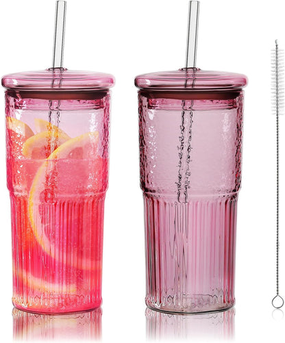 Joeyan 22 oz Pink Glass Tumbler with Straw and Lid for Iced Tea Coffee Smoothie Water Juice Beverages Soda,Ribbed Glasses Cups,Borosilicate Drinking Jar,Set of 2,Dishwasher Safe