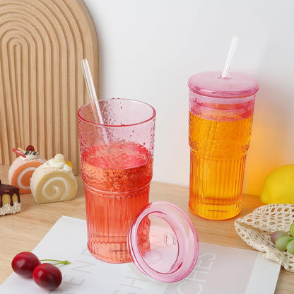 Joeyan 22 oz Pink Glass Tumbler with Straw and Lid for Iced Tea Coffee Smoothie Water Juice Beverages Soda,Ribbed Glasses Cups,Borosilicate Drinking Jar,Set of 2,Dishwasher Safe