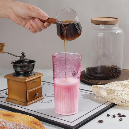 Joeyan 22 oz Pink Glass Tumbler with Straw and Lid for Iced Tea Coffee Smoothie Water Juice Beverages Soda,Ribbed Glasses Cups,Borosilicate Drinking Jar,Set of 2,Dishwasher Safe