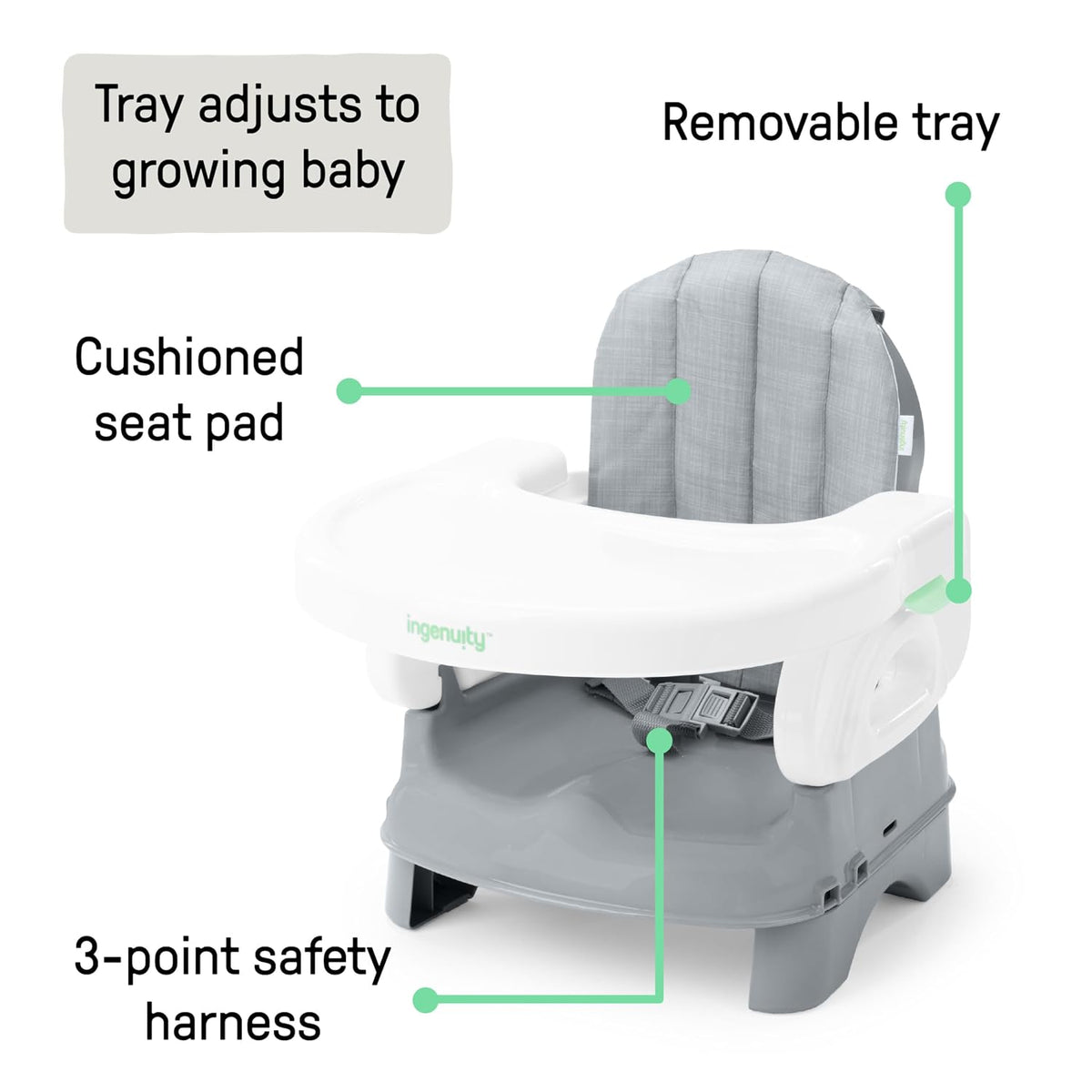 Deluxe Comfort Booster Seat for Kitchen Chair, Compact Fold, Portable, Lightweight, Toddler Booster Seat for Dining Table, from 6 Months to 3 Years – Grey