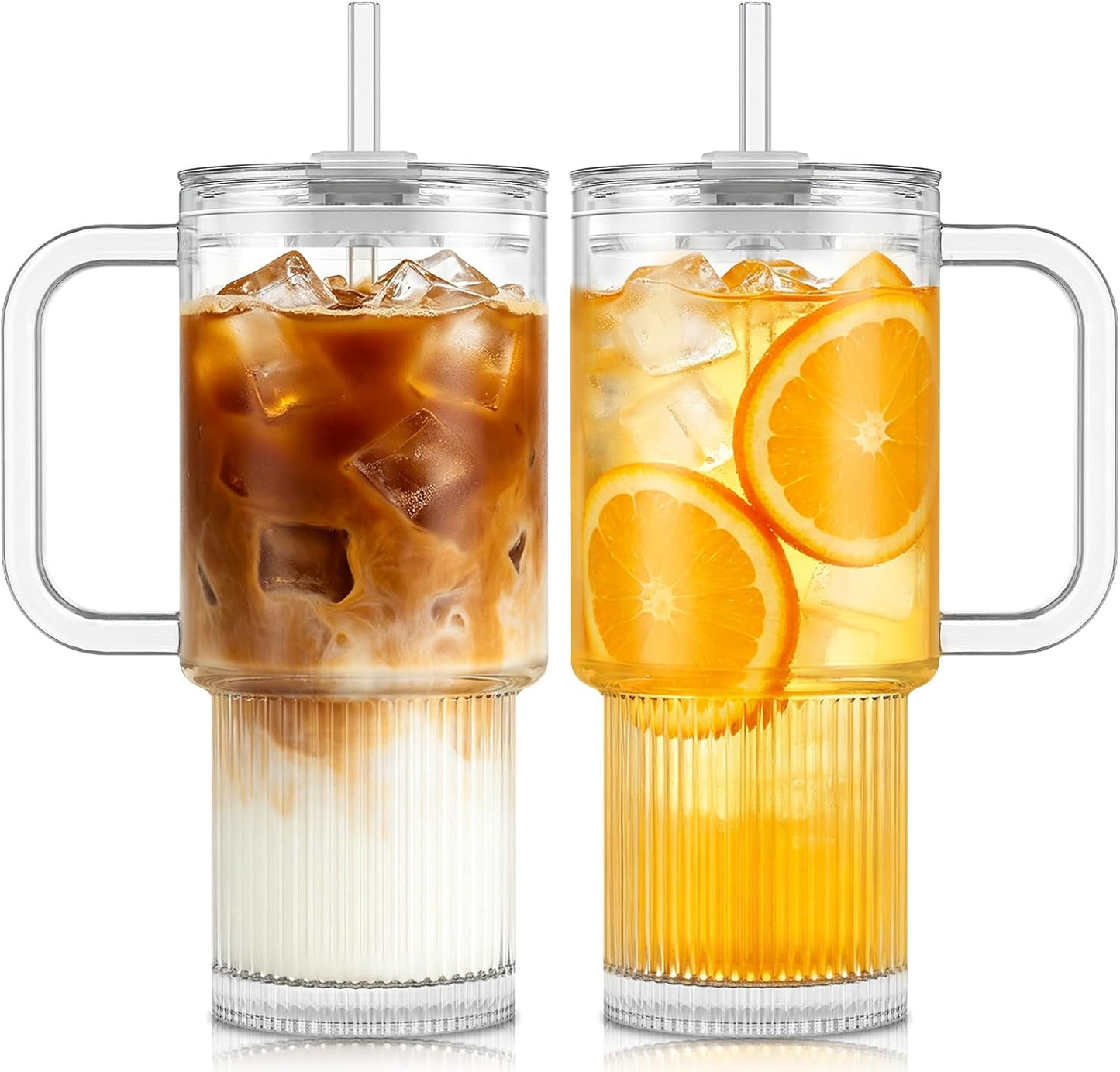 Large 26oz Clear Glass Mug with Handle and Sliding Lid – Aesthetic Ribbed Tumbler for Iced Coffee, Smoothies & Hot Drinks – Reusable Travel Cup with Straw, Dishwasher Safe (Ribbed Tumbler)