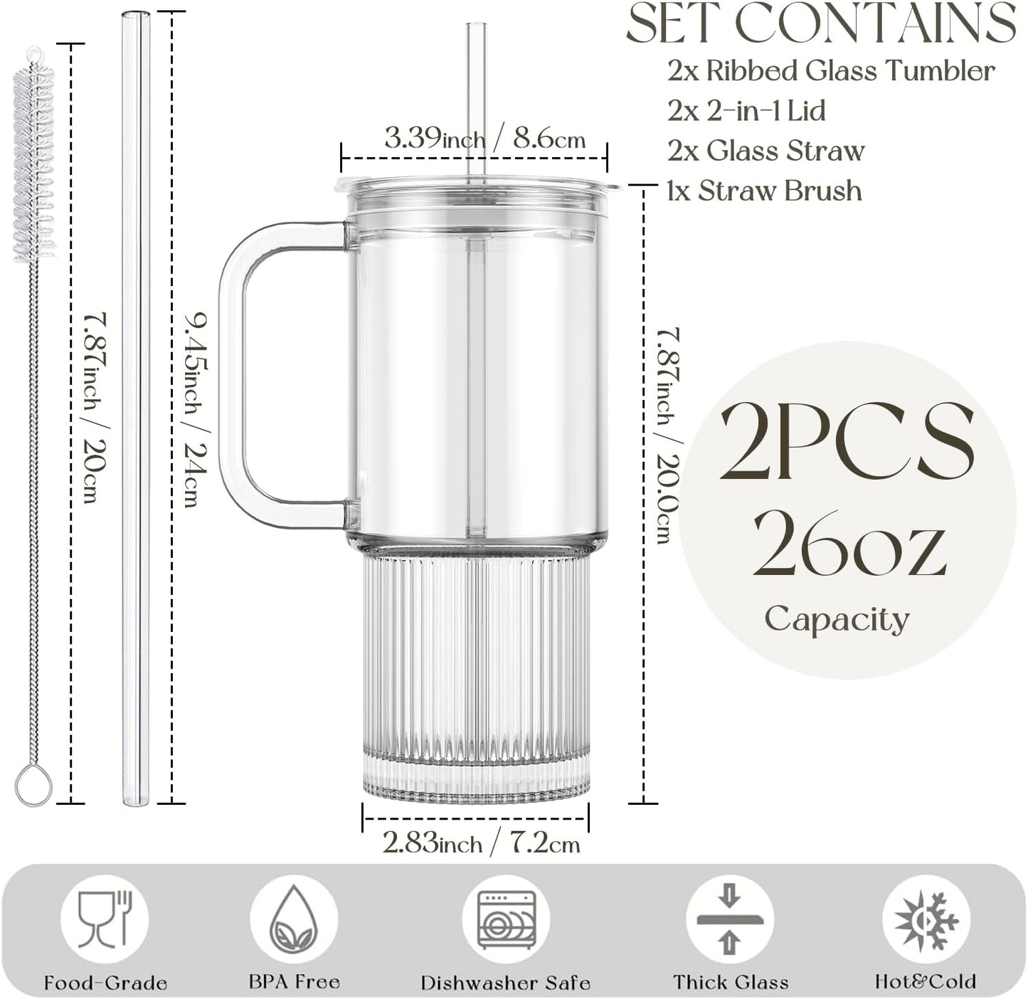 Large 26oz Clear Glass Mug with Handle and Sliding Lid – Aesthetic Ribbed Tumbler for Iced Coffee, Smoothies & Hot Drinks – Reusable Travel Cup with Straw, Dishwasher Safe (Ribbed Tumbler)