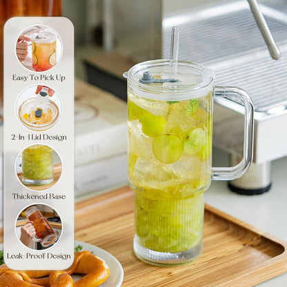Large 26oz Clear Glass Mug with Handle and Sliding Lid – Aesthetic Ribbed Tumbler for Iced Coffee, Smoothies & Hot Drinks – Reusable Travel Cup with Straw, Dishwasher Safe (Ribbed Tumbler)