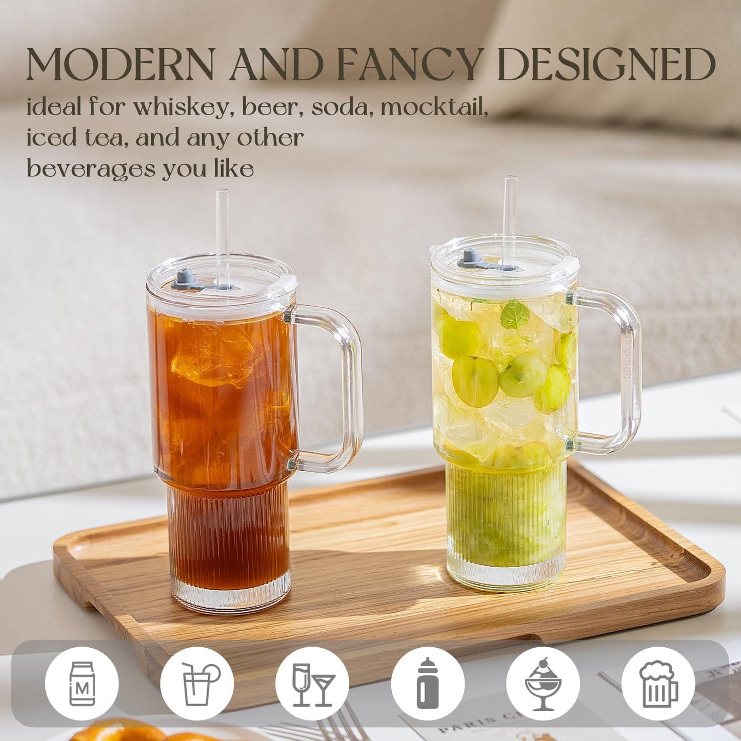 Large 26oz Clear Glass Mug with Handle and Sliding Lid – Aesthetic Ribbed Tumbler for Iced Coffee, Smoothies & Hot Drinks – Reusable Travel Cup with Straw, Dishwasher Safe (Ribbed Tumbler)