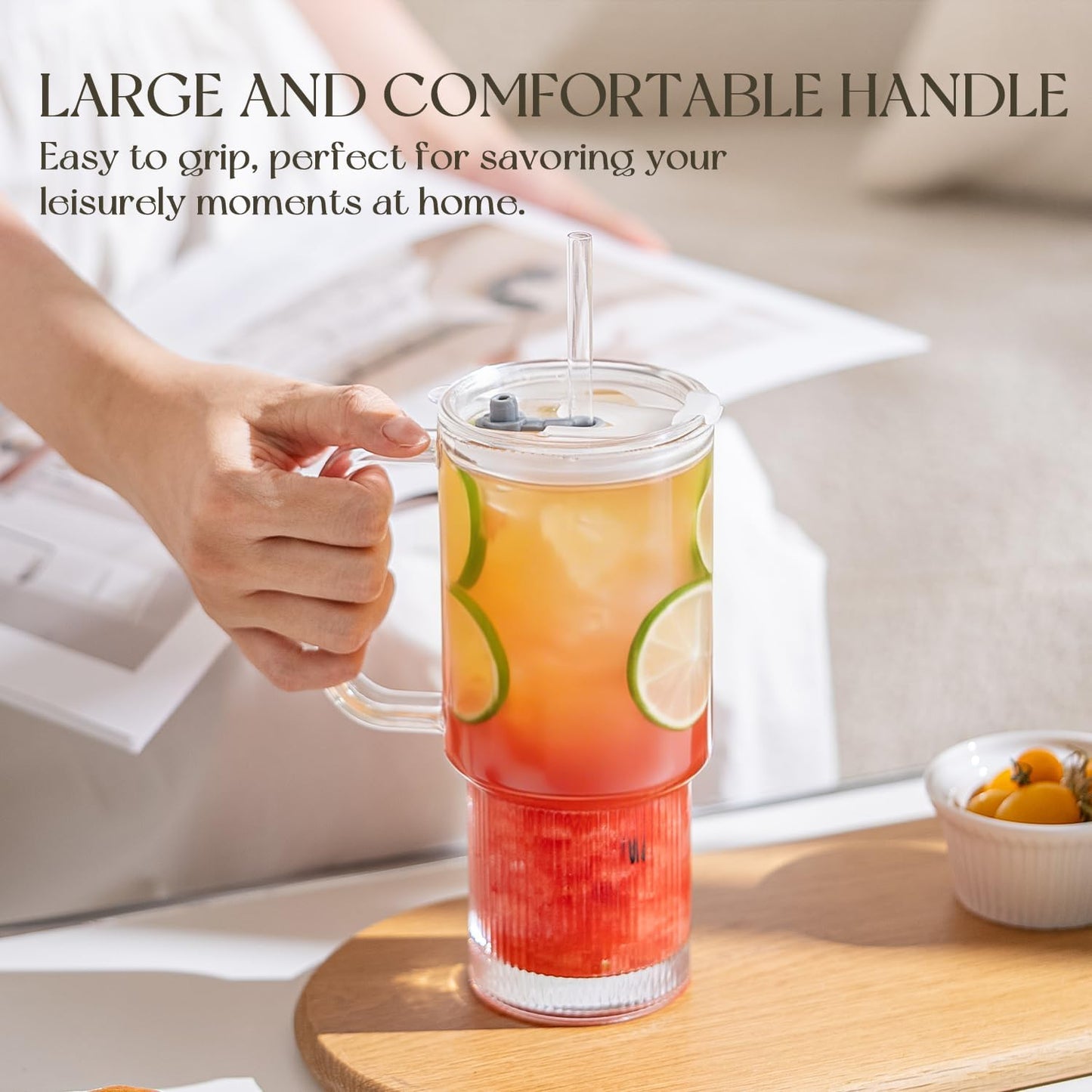 Large 26oz Clear Glass Mug with Handle and Sliding Lid – Aesthetic Ribbed Tumbler for Iced Coffee, Smoothies & Hot Drinks – Reusable Travel Cup with Straw, Dishwasher Safe (Ribbed Tumbler)
