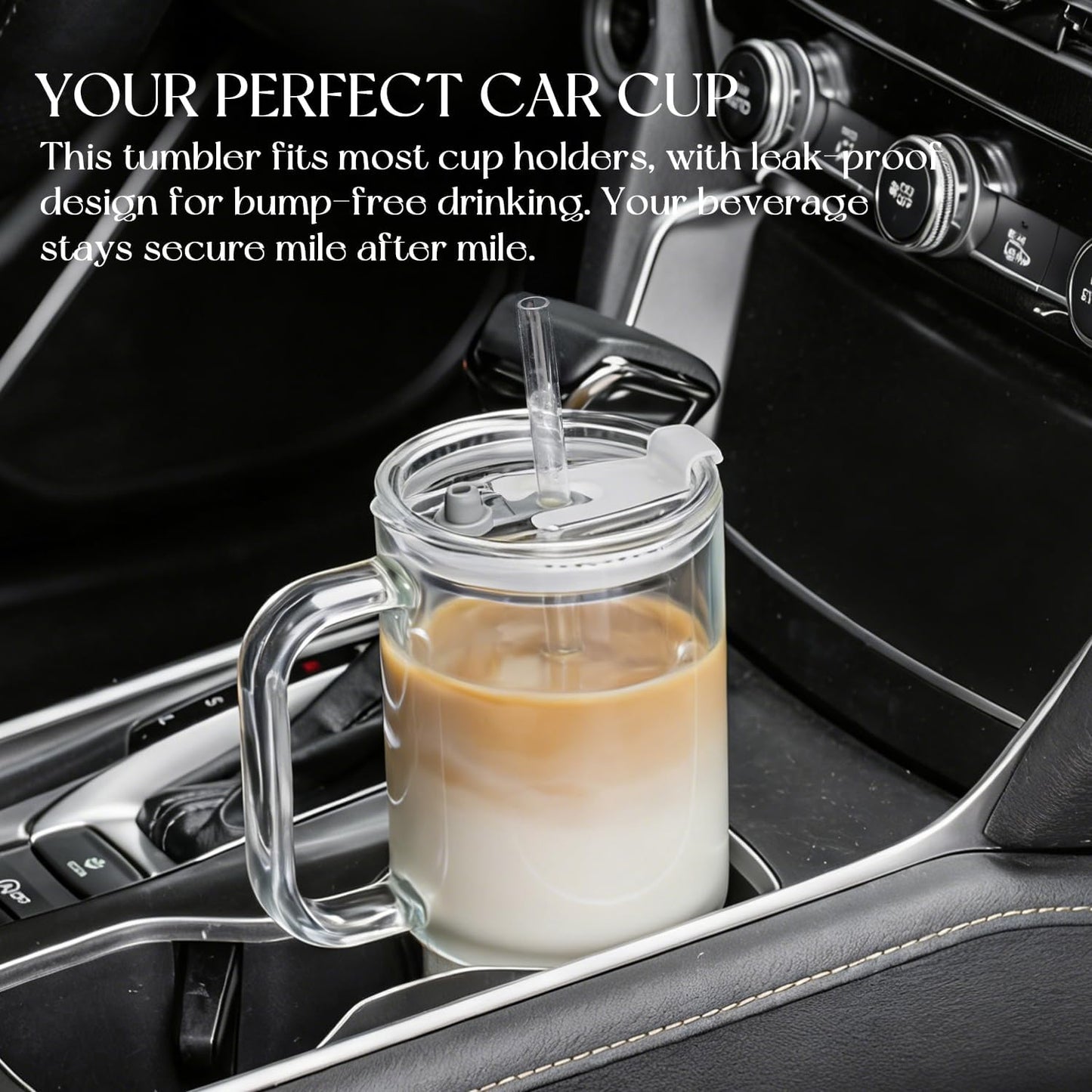 Large 26oz Clear Glass Mug with Handle and Sliding Lid – Aesthetic Ribbed Tumbler for Iced Coffee, Smoothies & Hot Drinks – Reusable Travel Cup with Straw, Dishwasher Safe (Ribbed Tumbler)