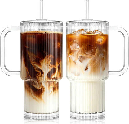 Large 26oz Clear Glass Mug with Handle and Sliding Lid – Aesthetic Ribbed Tumbler for Iced Coffee, Smoothies & Hot Drinks – Reusable Travel Cup with Straw, Dishwasher Safe (Ribbed Tumbler)