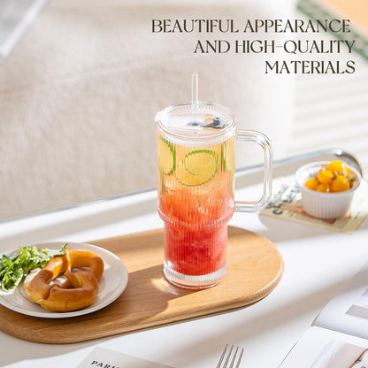 Large 26oz Clear Glass Mug with Handle and Sliding Lid – Aesthetic Ribbed Tumbler for Iced Coffee, Smoothies & Hot Drinks – Reusable Travel Cup with Straw, Dishwasher Safe (Ribbed Tumbler)