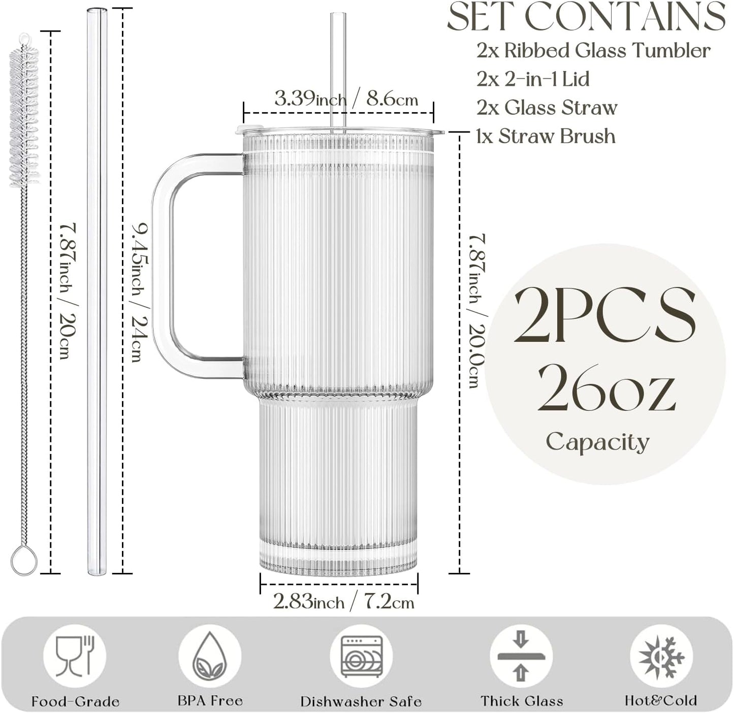 Large 26oz Clear Glass Mug with Handle and Sliding Lid – Aesthetic Ribbed Tumbler for Iced Coffee, Smoothies & Hot Drinks – Reusable Travel Cup with Straw, Dishwasher Safe (Ribbed Tumbler)