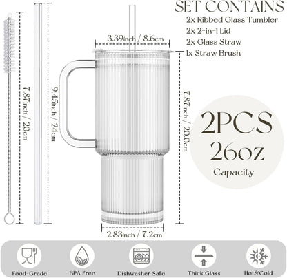 Large 26oz Clear Glass Mug with Handle and Sliding Lid – Aesthetic Ribbed Tumbler for Iced Coffee, Smoothies & Hot Drinks – Reusable Travel Cup with Straw, Dishwasher Safe (Ribbed Tumbler)