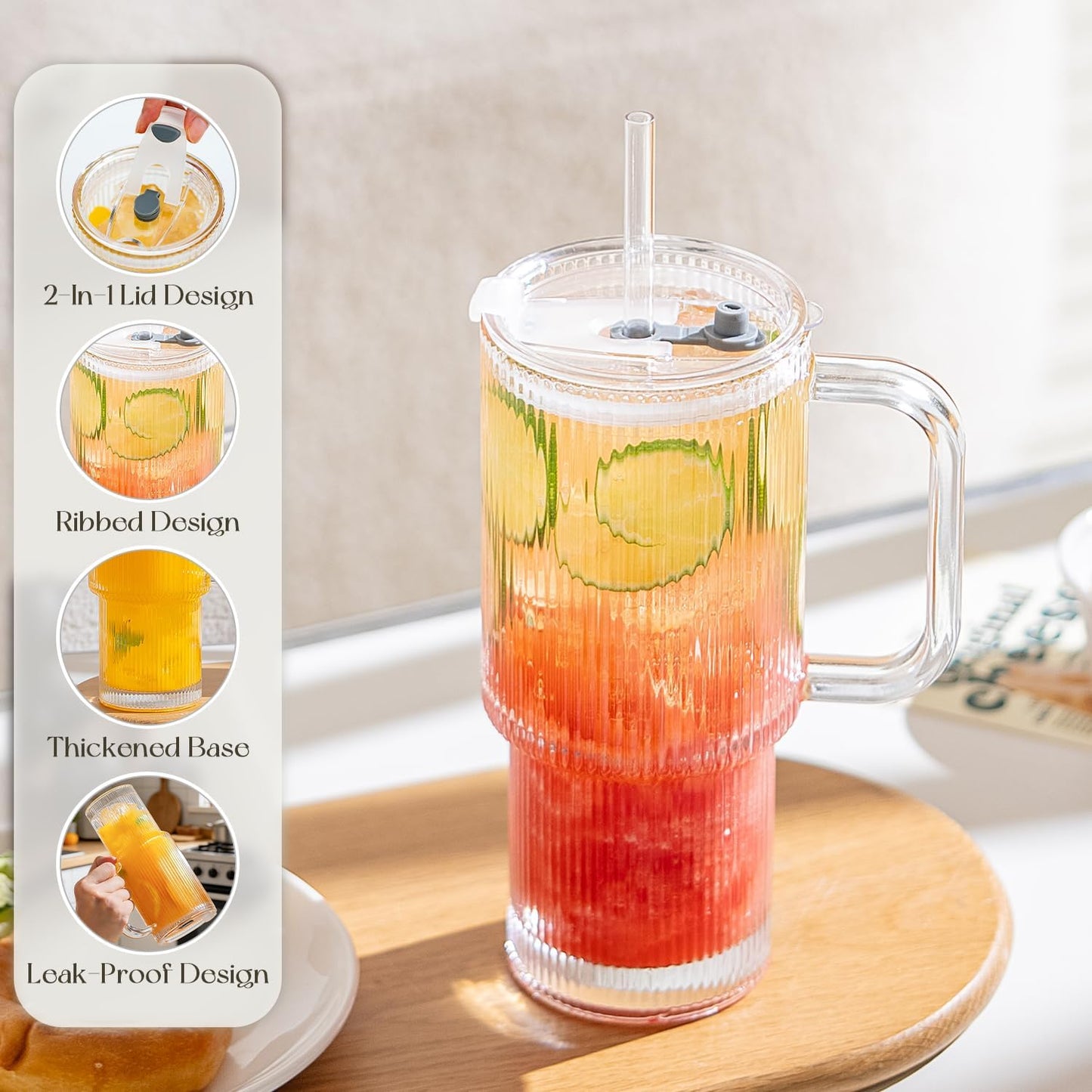 Large 26oz Clear Glass Mug with Handle and Sliding Lid – Aesthetic Ribbed Tumbler for Iced Coffee, Smoothies & Hot Drinks – Reusable Travel Cup with Straw, Dishwasher Safe (Ribbed Tumbler)