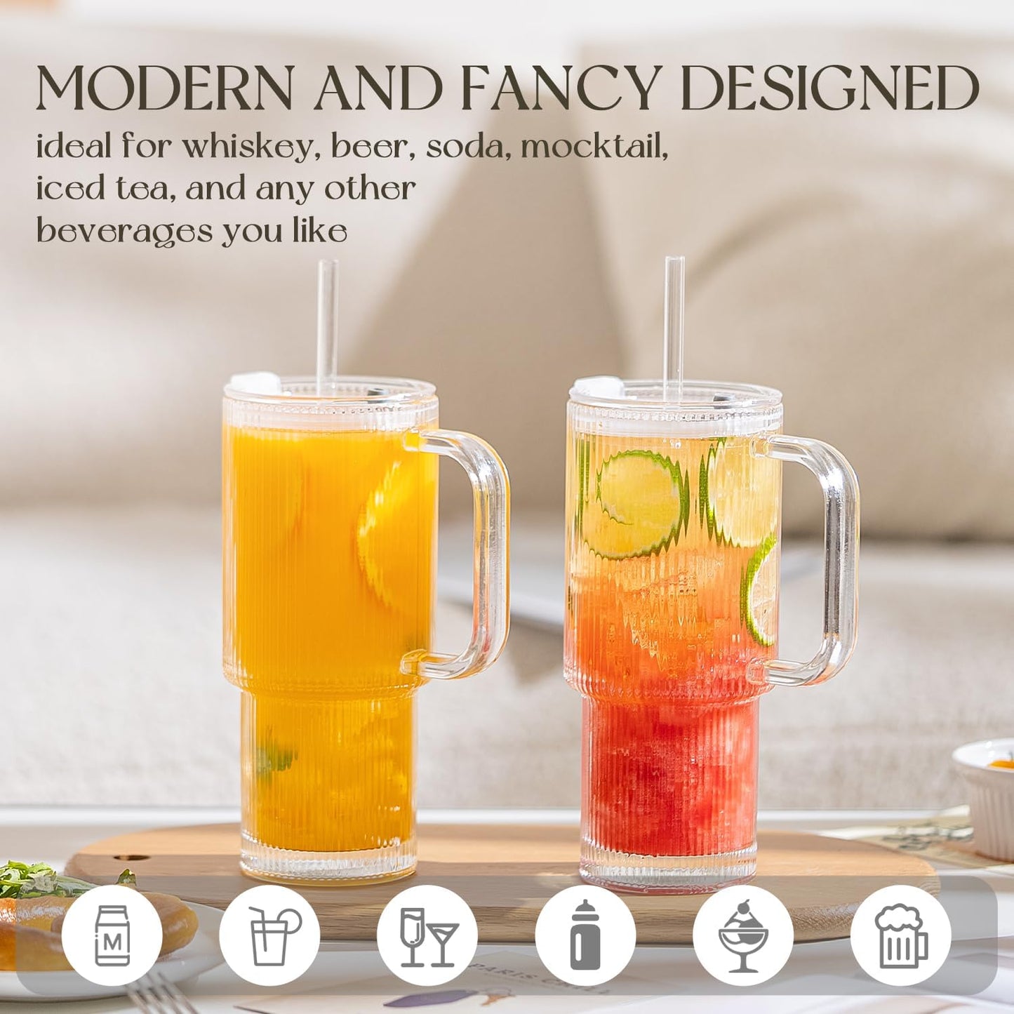 Large 26oz Clear Glass Mug with Handle and Sliding Lid – Aesthetic Ribbed Tumbler for Iced Coffee, Smoothies & Hot Drinks – Reusable Travel Cup with Straw, Dishwasher Safe (Ribbed Tumbler)