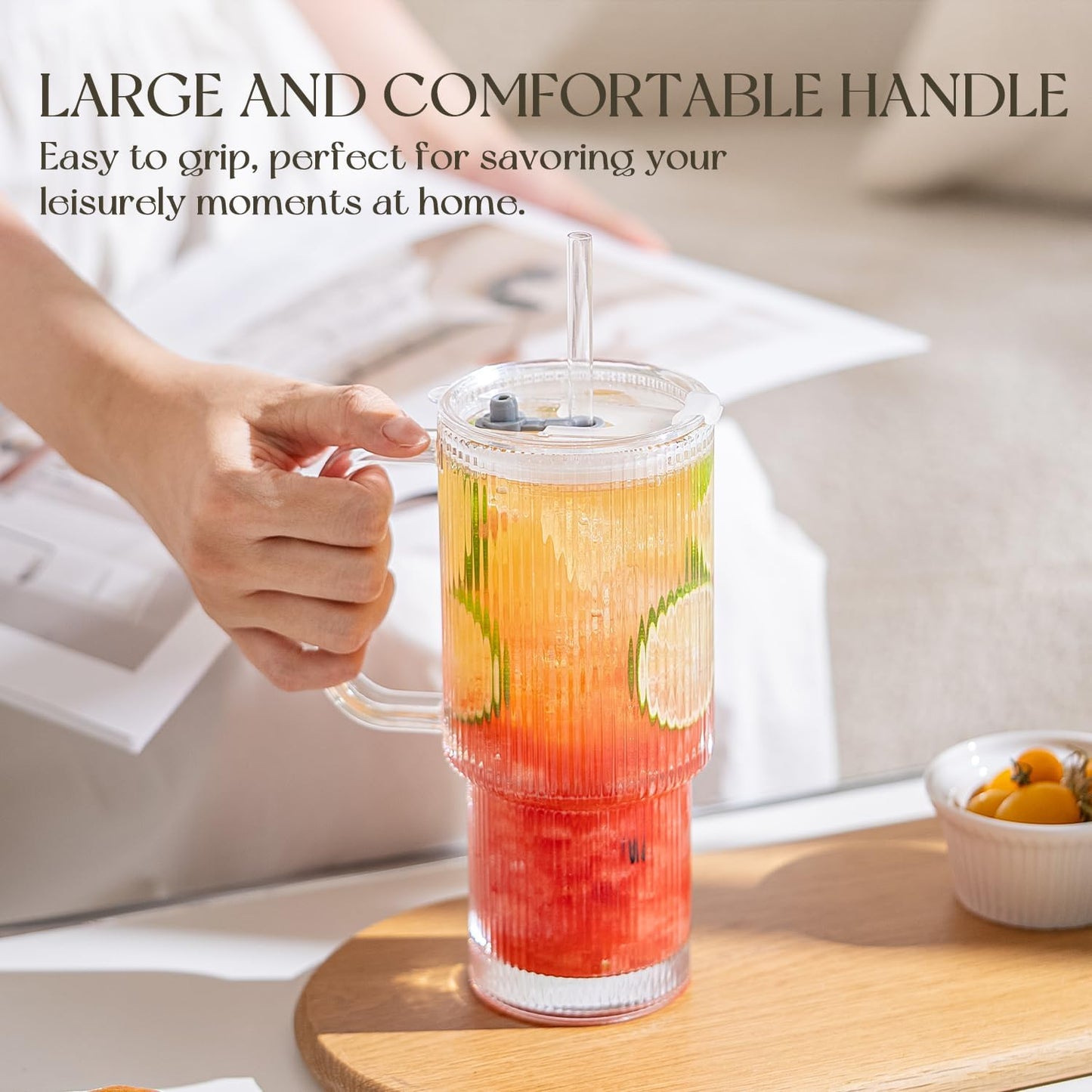 Large 26oz Clear Glass Mug with Handle and Sliding Lid – Aesthetic Ribbed Tumbler for Iced Coffee, Smoothies & Hot Drinks – Reusable Travel Cup with Straw, Dishwasher Safe (Ribbed Tumbler)