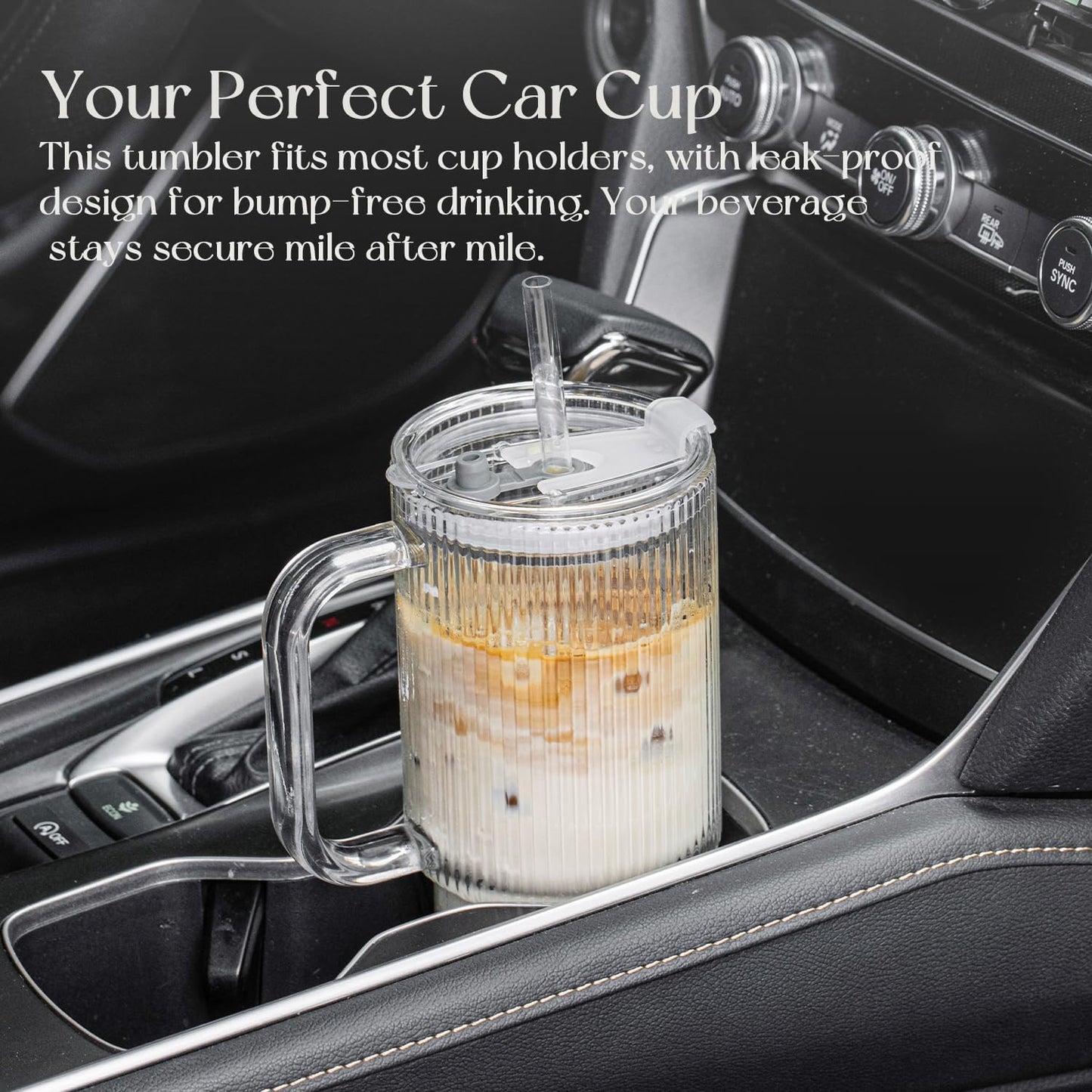 Large 26oz Clear Glass Mug with Handle and Sliding Lid – Aesthetic Ribbed Tumbler for Iced Coffee, Smoothies & Hot Drinks – Reusable Travel Cup with Straw, Dishwasher Safe (Ribbed Tumbler)