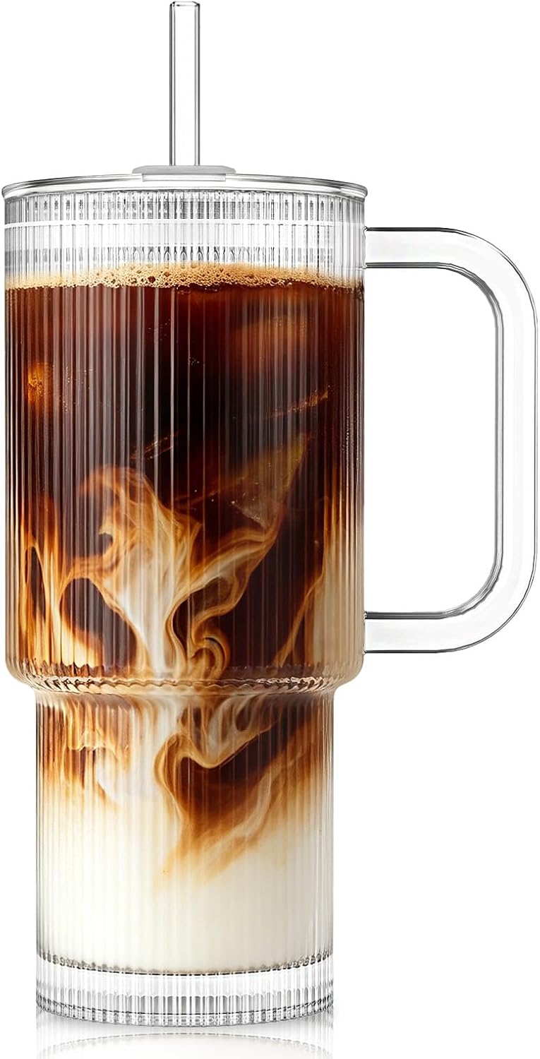 Large 26oz Clear Glass Mug with Handle and Sliding Lid – Aesthetic Ribbed Tumbler for Iced Coffee, Smoothies & Hot Drinks – Reusable Travel Cup with Straw, Dishwasher Safe (Ribbed Tumbler)