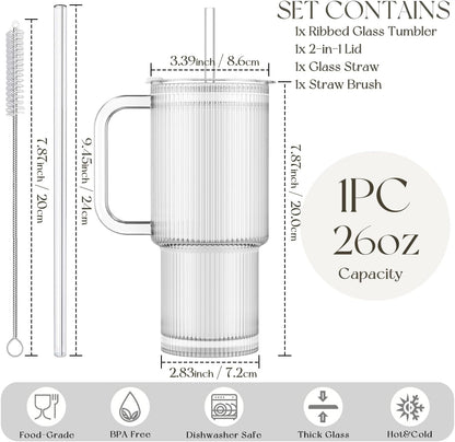 Large 26oz Clear Glass Mug with Handle and Sliding Lid – Aesthetic Ribbed Tumbler for Iced Coffee, Smoothies & Hot Drinks – Reusable Travel Cup with Straw, Dishwasher Safe (Ribbed Tumbler)