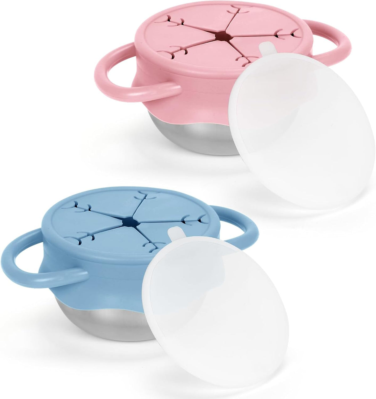 2 Pack Stainless Steel Toddler Snack Cups, Snack Containers for Kids and Baby with Spill Proof Lids and Handles,Dishwasher Safe ((Blue,Pink))