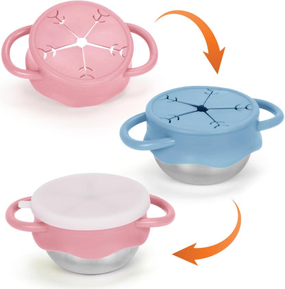 2 Pack Stainless Steel Toddler Snack Cups, Snack Containers for Kids and Baby with Spill Proof Lids and Handles,Dishwasher Safe ((Blue,Pink))