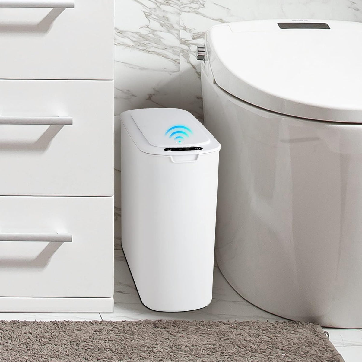 Automatic Small Bathroom Trash Can with Lid, 2.6 Gallon, White