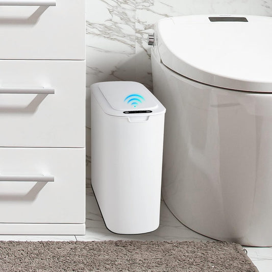 Automatic Small Bathroom Trash Can with Lid, 2.6 Gallon, White