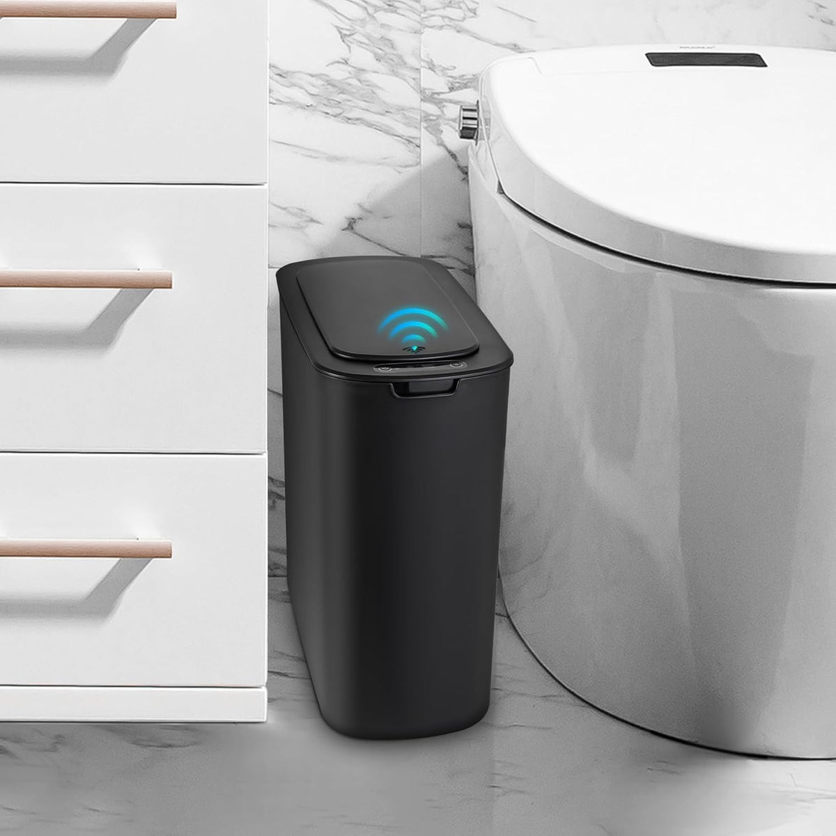 Automatic Small Bathroom Trash Can with Lid, 2.6 Gallon, White