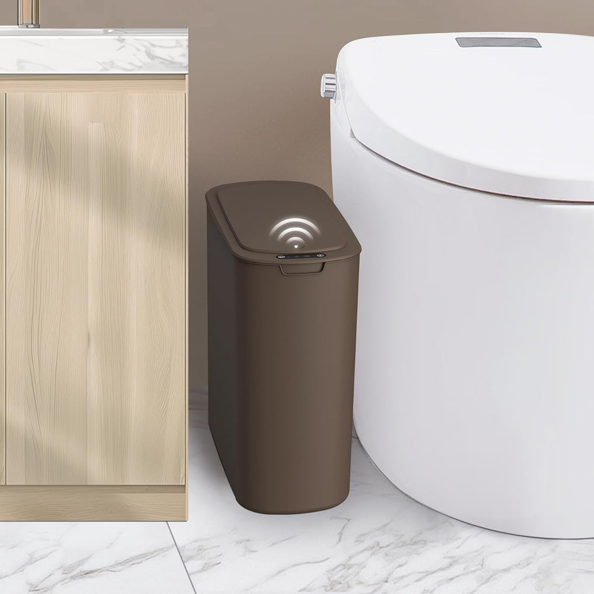 Automatic Small Bathroom Trash Can with Lid, 2.6 Gallon, White