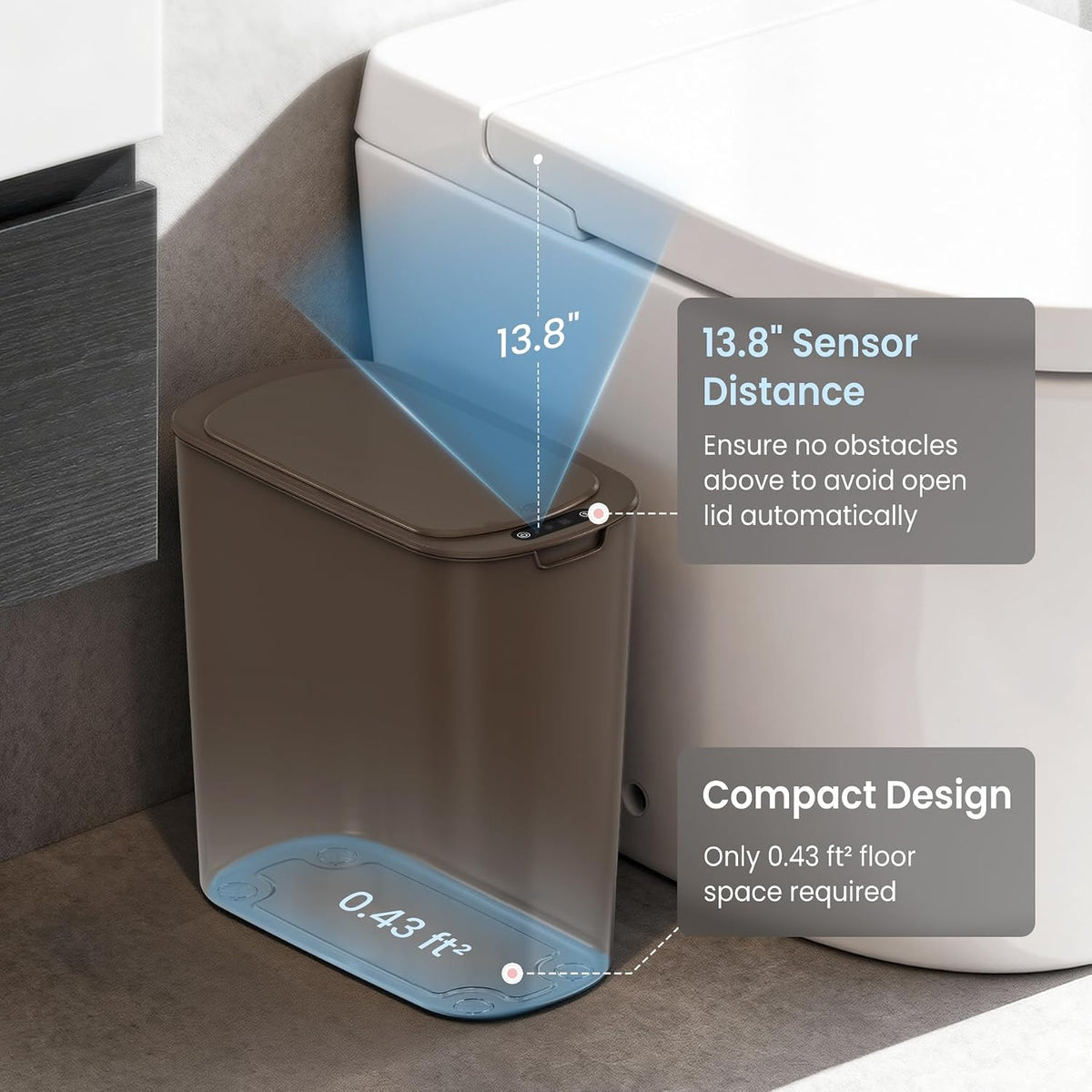 Automatic Small Bathroom Trash Can with Lid, 2.6 Gallon, White