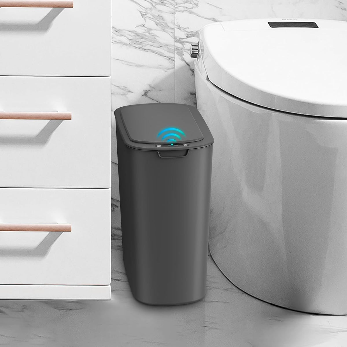 Automatic Small Bathroom Trash Can with Lid, 2.6 Gallon, White