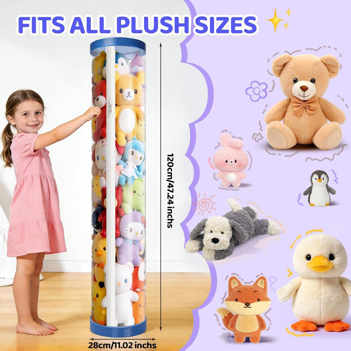 Stuffed Animal Storage Tube, Dust-Resistant 47x11 Inches Large Capacity Toy Storage Organizer with Zipper, Easy Assembly & Space Saving for Plush Toys, Playrooms Living Rooms Bedrooms White