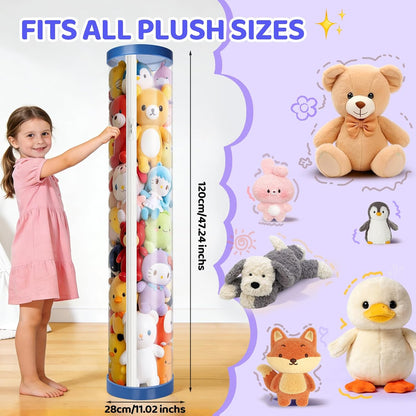 Stuffed Animal Storage Tube, Dust-Resistant 47x11 Inches Large Capacity Toy Storage Organizer with Zipper, Easy Assembly & Space Saving for Plush Toys, Playrooms Living Rooms Bedrooms White