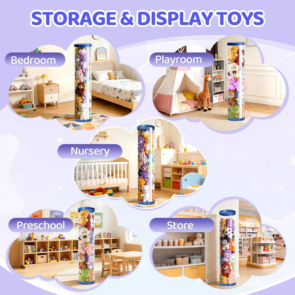 Stuffed Animal Storage Tube, Dust-Resistant 47x11 Inches Large Capacity Toy Storage Organizer with Zipper, Easy Assembly & Space Saving for Plush Toys, Playrooms Living Rooms Bedrooms White