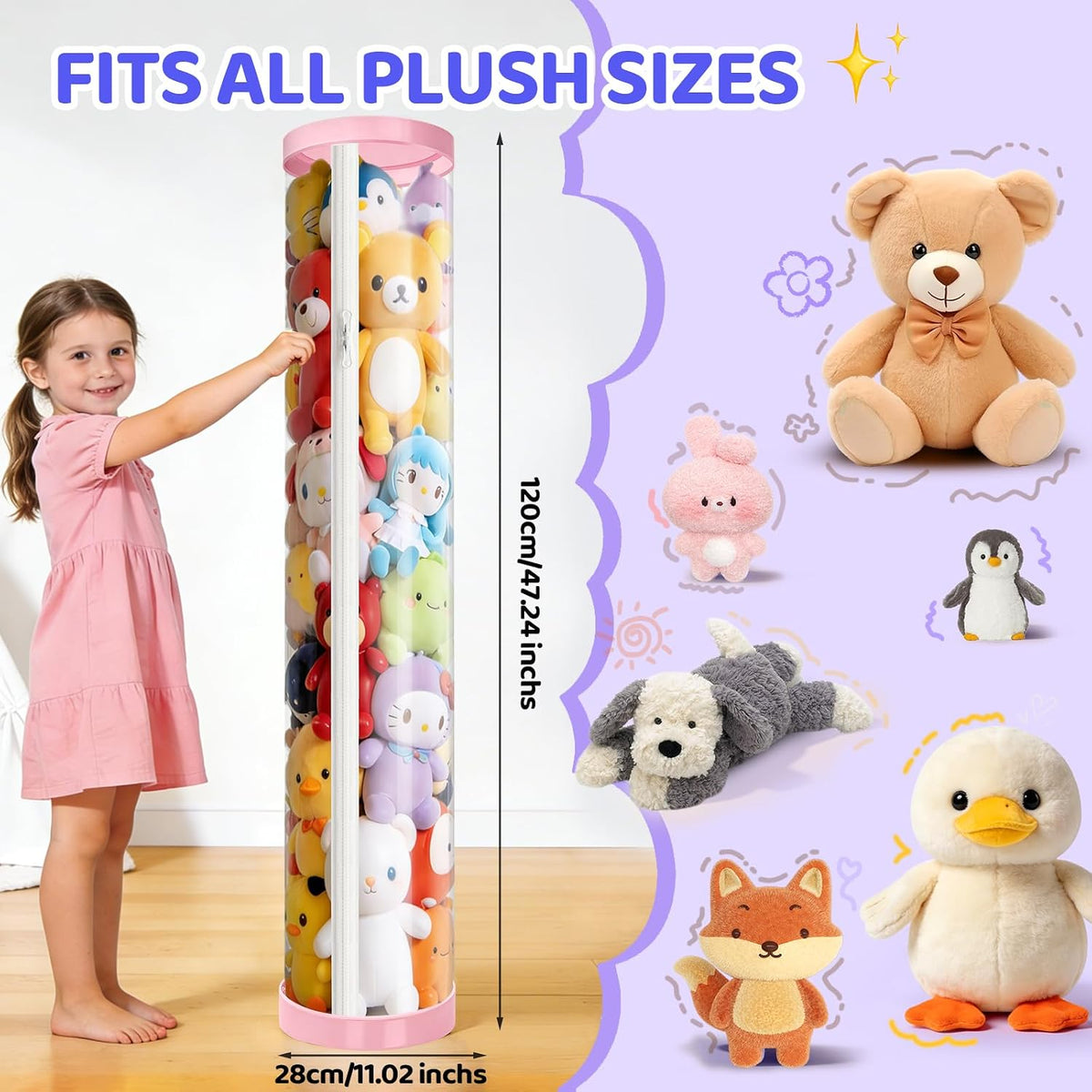 Stuffed Animal Storage Tube, Dust-Resistant 47x11 Inches Large Capacity Toy Storage Organizer with Zipper, Easy Assembly & Space Saving for Plush Toys, Playrooms Living Rooms Bedrooms White