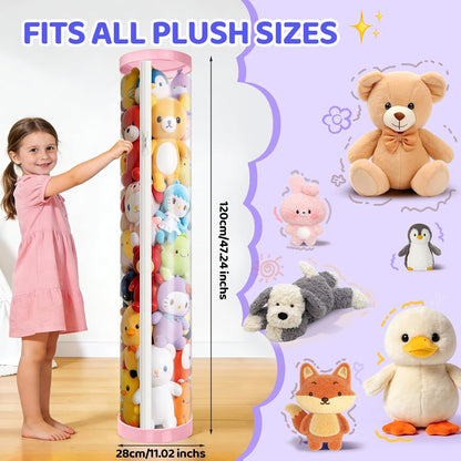 Stuffed Animal Storage Tube, Dust-Resistant 47x11 Inches Large Capacity Toy Storage Organizer with Zipper, Easy Assembly & Space Saving for Plush Toys, Playrooms Living Rooms Bedrooms White